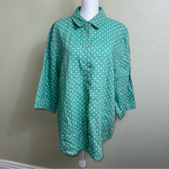 Soft Surroundings Women's Blouse Mint Green Polka Dot Linen XL 3/4 Sleeve Button - Picture 1 of 6
